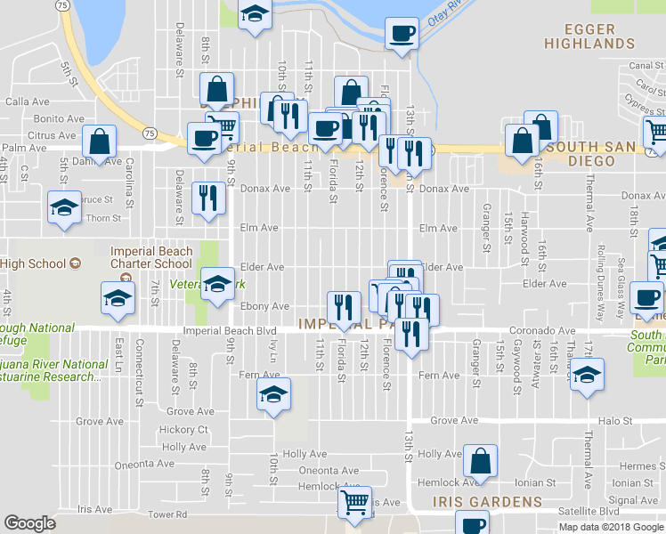 map of restaurants, bars, coffee shops, grocery stores, and more near Elder Ave & Florida St in Imperial Beach