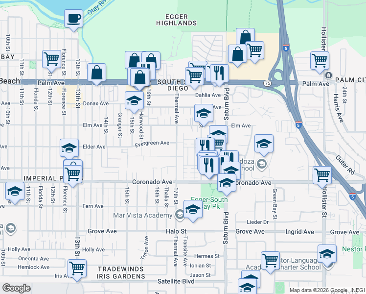 map of restaurants, bars, coffee shops, grocery stores, and more near 1060 Rolling Dunes Way in San Diego