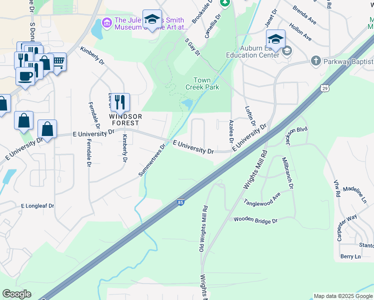 map of restaurants, bars, coffee shops, grocery stores, and more near 498 East University Drive in Auburn