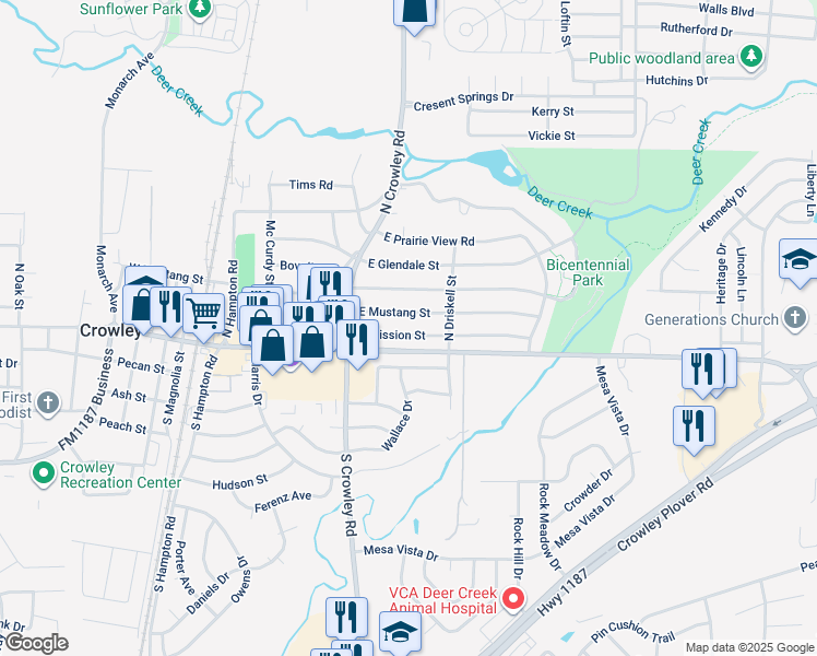 map of restaurants, bars, coffee shops, grocery stores, and more near 528 East Mission Street in Crowley