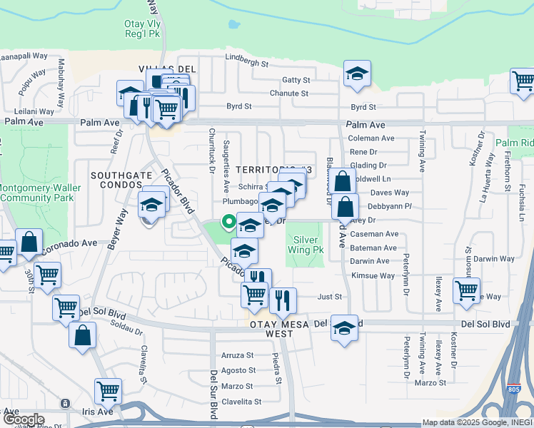 map of restaurants, bars, coffee shops, grocery stores, and more near 3640 Arey Drive in San Diego