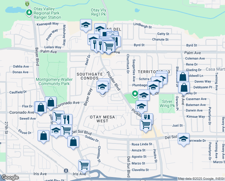 map of restaurants, bars, coffee shops, grocery stores, and more near 3293 Caminito Quixote in San Diego