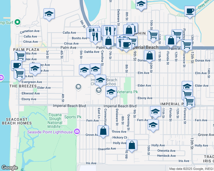 map of restaurants, bars, coffee shops, grocery stores, and more near 1019 Connecticut Street in Imperial Beach