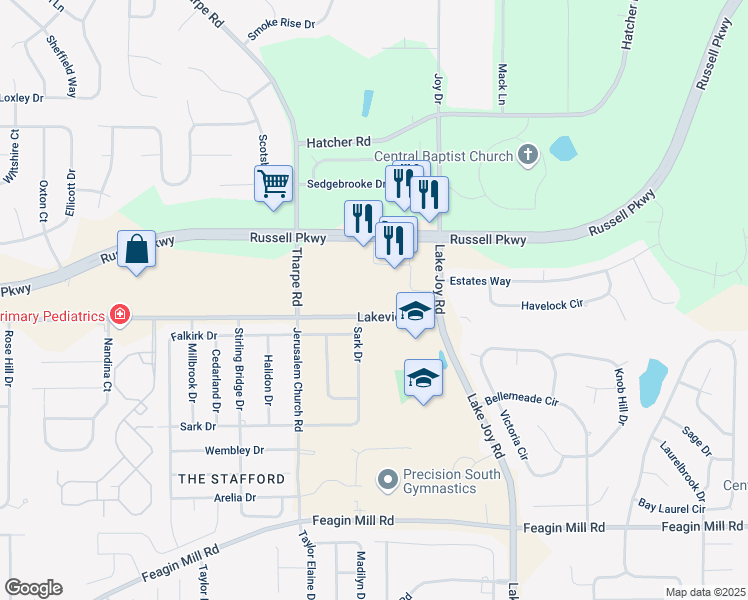 map of restaurants, bars, coffee shops, grocery stores, and more near 803 Sark Drive in Warner Robins