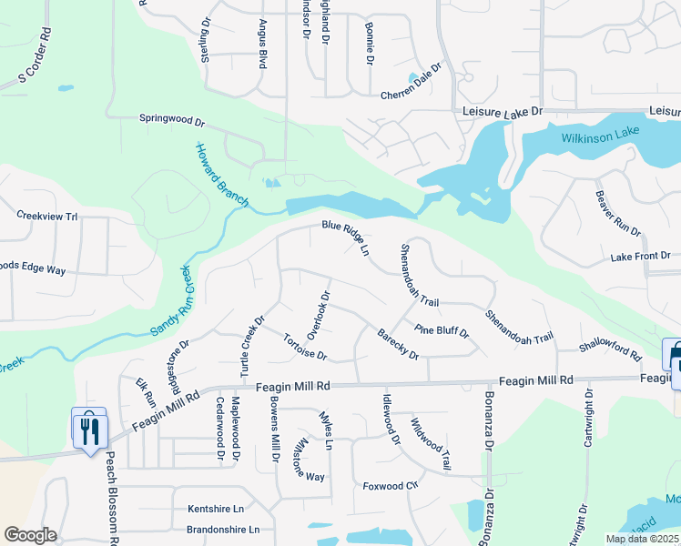 map of restaurants, bars, coffee shops, grocery stores, and more near 302 Cedar Ridge Drive in Warner Robins