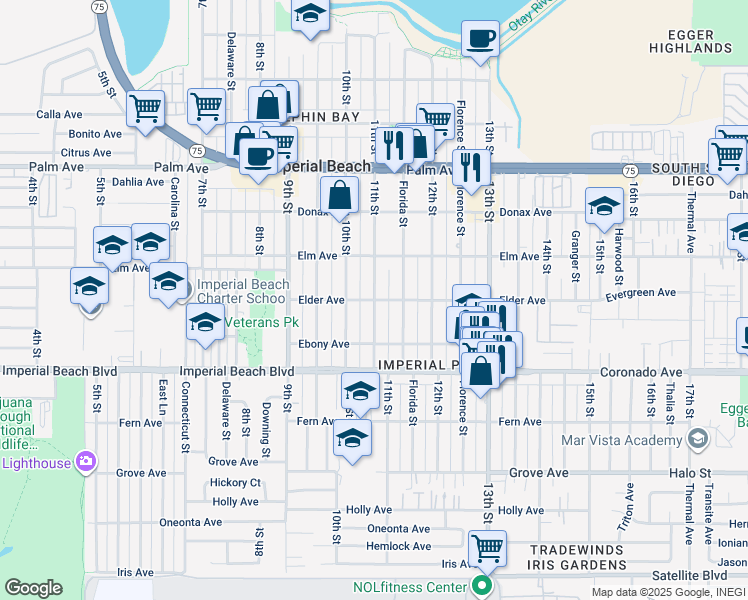 map of restaurants, bars, coffee shops, grocery stores, and more near 11th Street in Imperial Beach