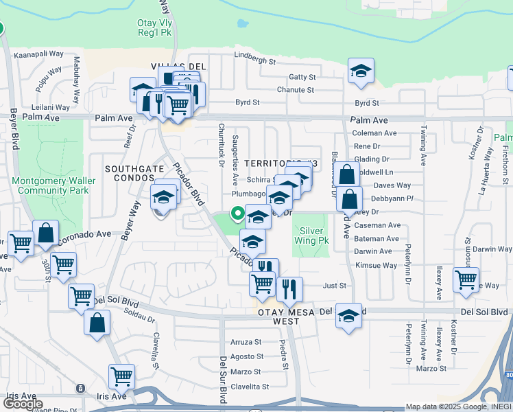 map of restaurants, bars, coffee shops, grocery stores, and more near 3640 Arey Drive in San Diego