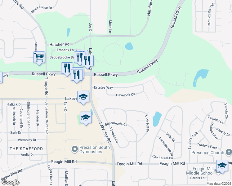 map of restaurants, bars, coffee shops, grocery stores, and more near 113 Havelock Circle in Warner Robins