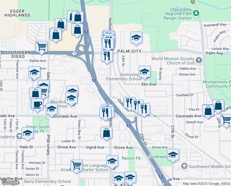 map of restaurants, bars, coffee shops, grocery stores, and more near 945 Hollister Street in San Diego