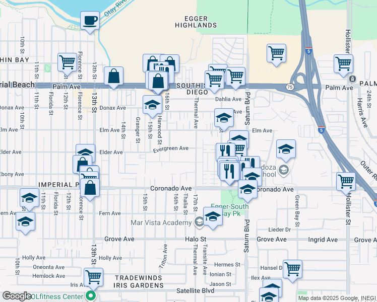 map of restaurants, bars, coffee shops, grocery stores, and more near 1667 Evergreen Avenue in San Diego