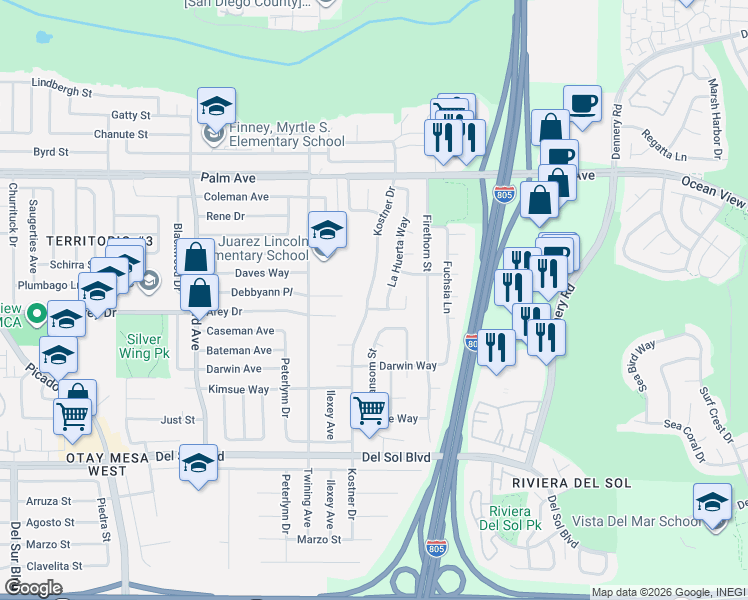 map of restaurants, bars, coffee shops, grocery stores, and more near 4310 Ebersole Drive in San Diego