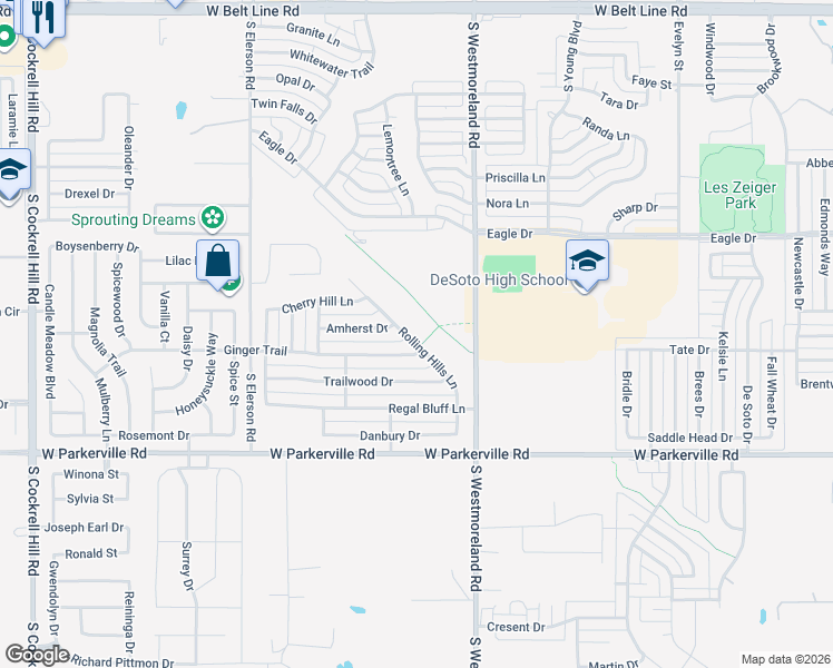 map of restaurants, bars, coffee shops, grocery stores, and more near 708 Rolling Hills Lane in DeSoto