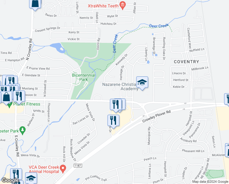 map of restaurants, bars, coffee shops, grocery stores, and more near 117 Currie Court in Crowley