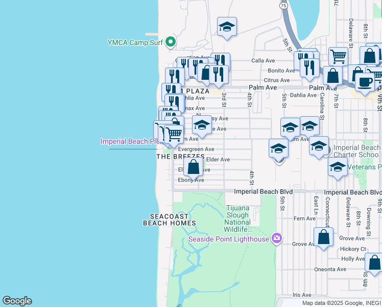 map of restaurants, bars, coffee shops, grocery stores, and more near 171 Evergreen Avenue in Imperial Beach