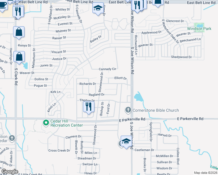 map of restaurants, bars, coffee shops, grocery stores, and more near 912 Turner Court in Cedar Hill
