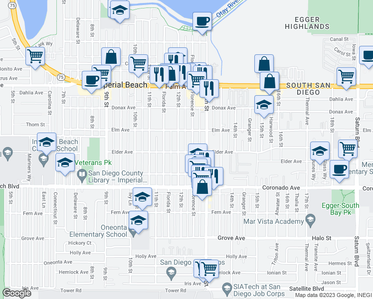map of restaurants, bars, coffee shops, grocery stores, and more near 1232 Elder Avenue in Imperial Beach