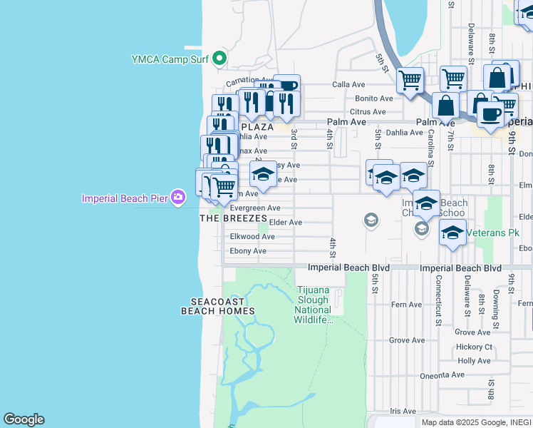 map of restaurants, bars, coffee shops, grocery stores, and more near 217 Evergreen Avenue in Imperial Beach