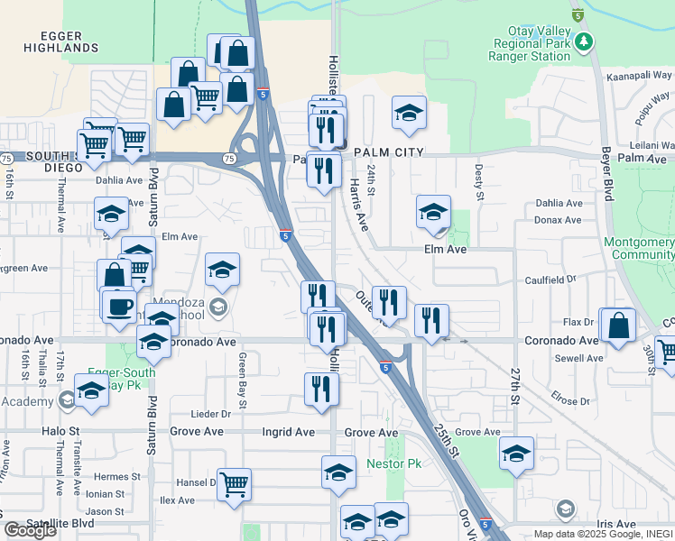 map of restaurants, bars, coffee shops, grocery stores, and more near in San Diego