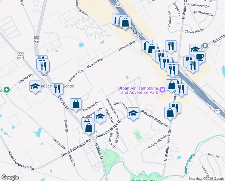 map of restaurants, bars, coffee shops, grocery stores, and more near 409 Mockingbird Drive in Mansfield