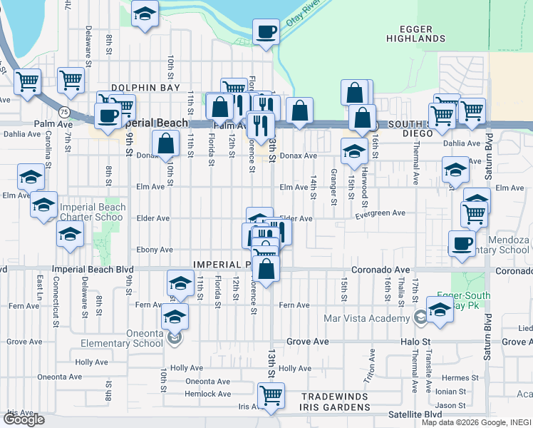 map of restaurants, bars, coffee shops, grocery stores, and more near 935 1/2 Florence Street in Imperial Beach
