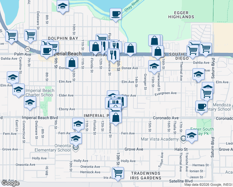 map of restaurants, bars, coffee shops, grocery stores, and more near 935 1/2 Florence Street in Imperial Beach