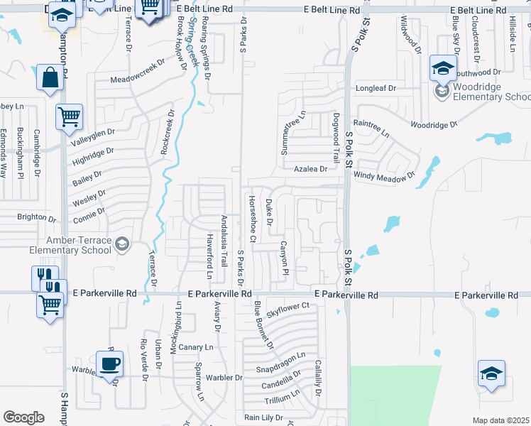 map of restaurants, bars, coffee shops, grocery stores, and more near 629 Duke Drive in DeSoto
