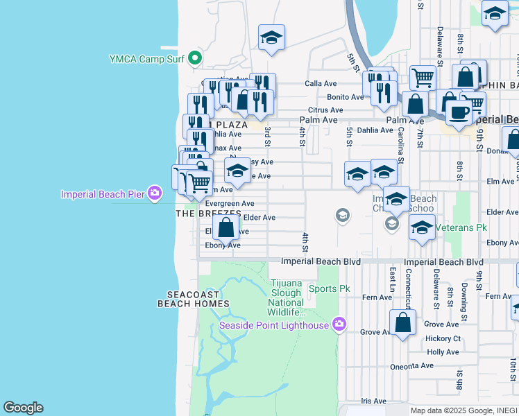 map of restaurants, bars, coffee shops, grocery stores, and more near 904 3rd Street in Imperial Beach