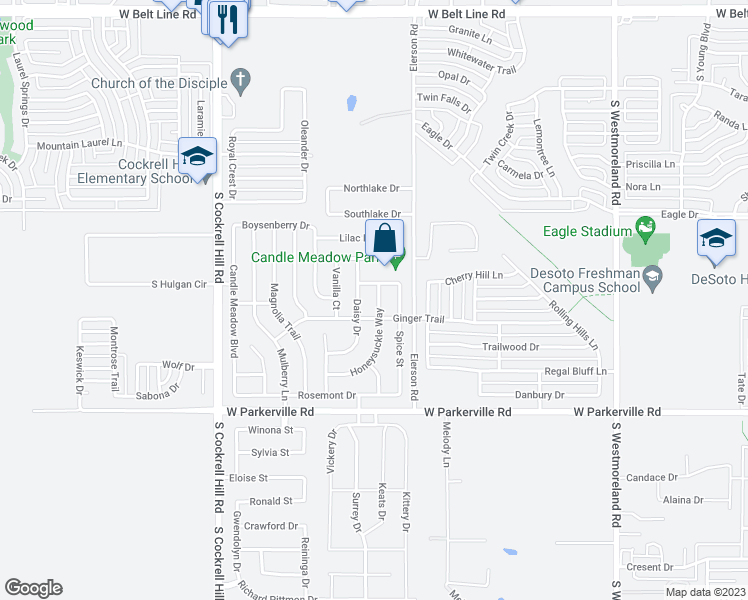 map of restaurants, bars, coffee shops, grocery stores, and more near 625 Honeysuckle Way in DeSoto