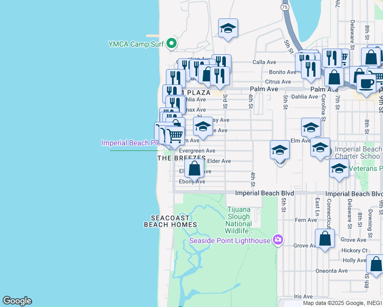 map of restaurants, bars, coffee shops, grocery stores, and more near 171 Evergreen Avenue in Imperial Beach