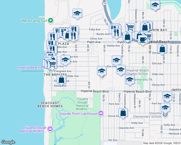 map of restaurants, bars, coffee shops, grocery stores, and more near 935 4th Street in Imperial Beach