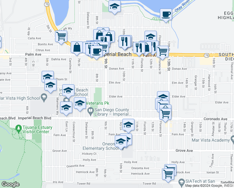 map of restaurants, bars, coffee shops, grocery stores, and more near 969 Emory Street in Imperial Beach