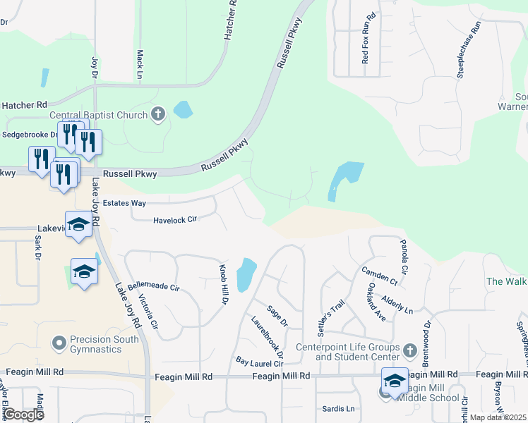 map of restaurants, bars, coffee shops, grocery stores, and more near 110 Erin Lee Court in Warner Robins