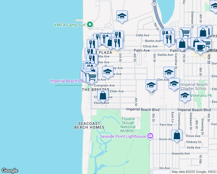 map of restaurants, bars, coffee shops, grocery stores, and more near 227 Elm Avenue in Imperial Beach