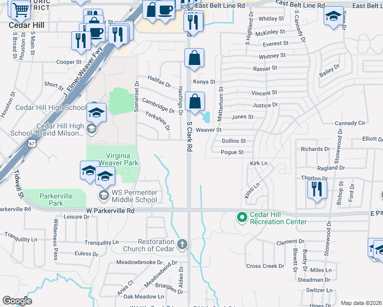 map of restaurants, bars, coffee shops, grocery stores, and more near 507 South Clark Road in Cedar Hill