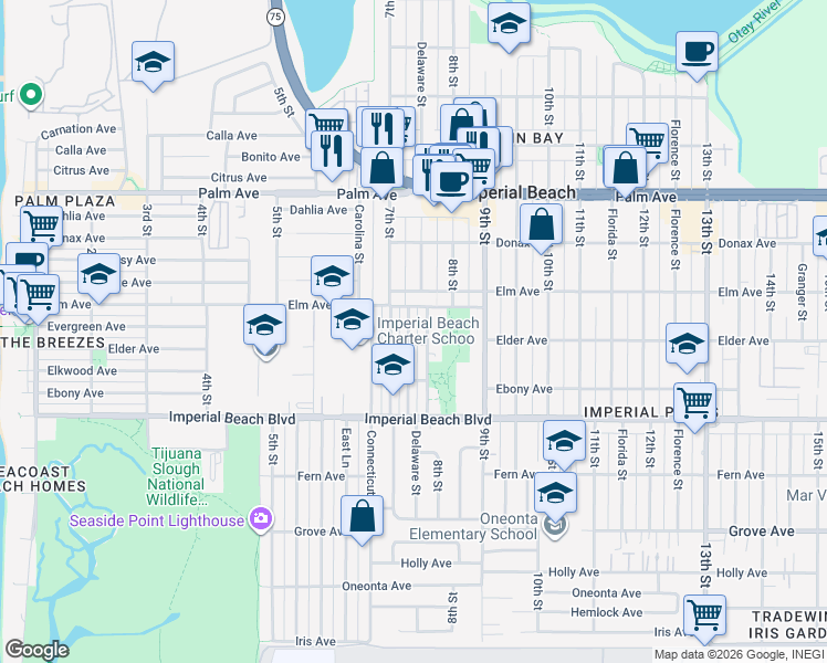 map of restaurants, bars, coffee shops, grocery stores, and more near 777 Encina Avenue in Imperial Beach