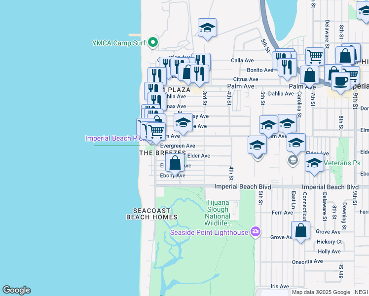 map of restaurants, bars, coffee shops, grocery stores, and more near 227 Elm Avenue in Imperial Beach