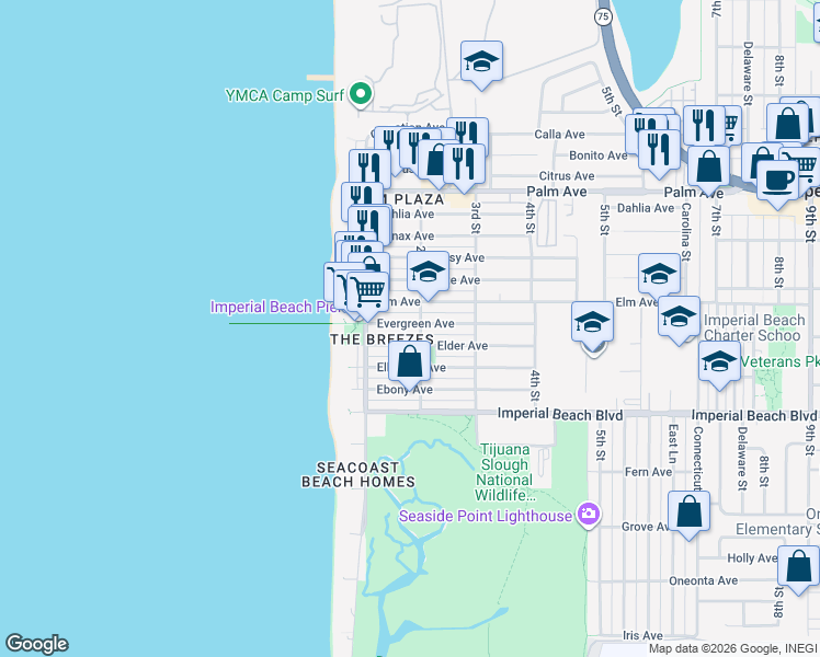 map of restaurants, bars, coffee shops, grocery stores, and more near 157 Elm Avenue in Imperial Beach