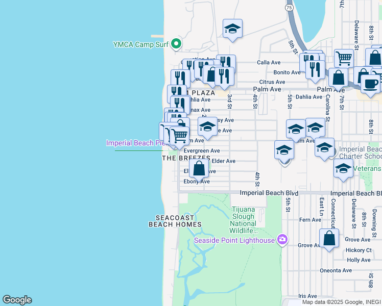 map of restaurants, bars, coffee shops, grocery stores, and more near 157 Elm Avenue in Imperial Beach