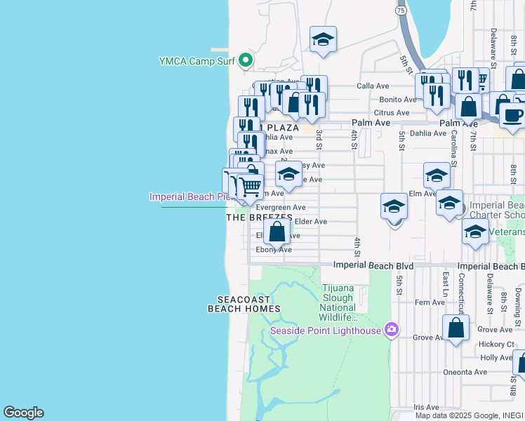 map of restaurants, bars, coffee shops, grocery stores, and more near 157 Elm Avenue in Imperial Beach