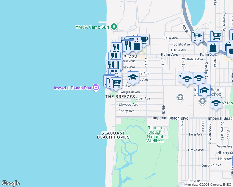 map of restaurants, bars, coffee shops, grocery stores, and more near 921 Seacoast Drive in Imperial Beach