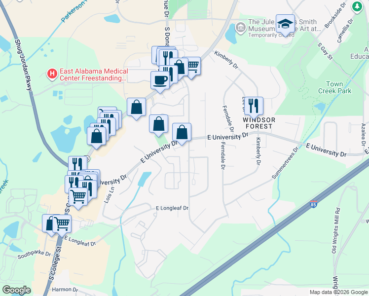 map of restaurants, bars, coffee shops, grocery stores, and more near 200 East University Drive in Auburn