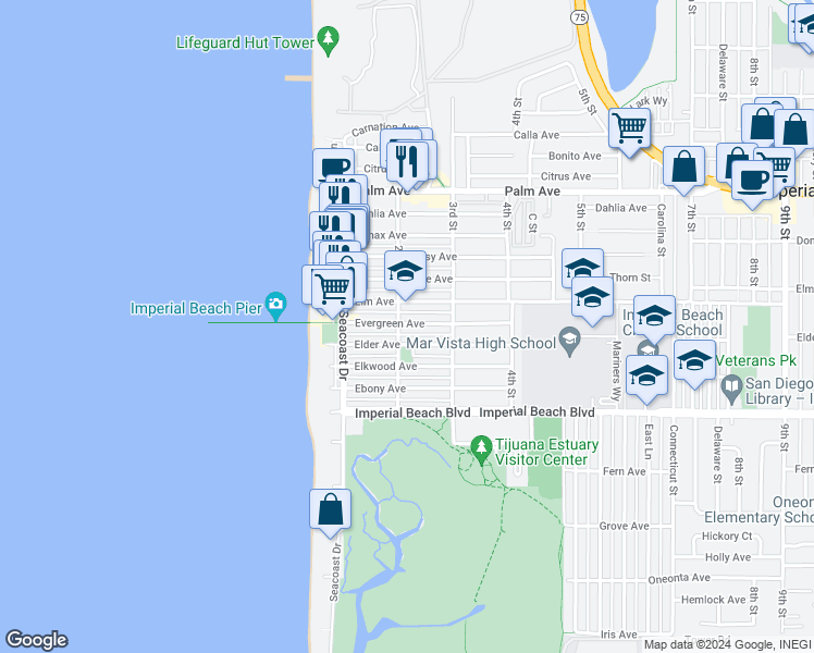 map of restaurants, bars, coffee shops, grocery stores, and more near 215 Evergreen Avenue in Imperial Beach
