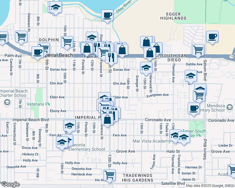 map of restaurants, bars, coffee shops, grocery stores, and more near 982 Georgia Street in Imperial Beach