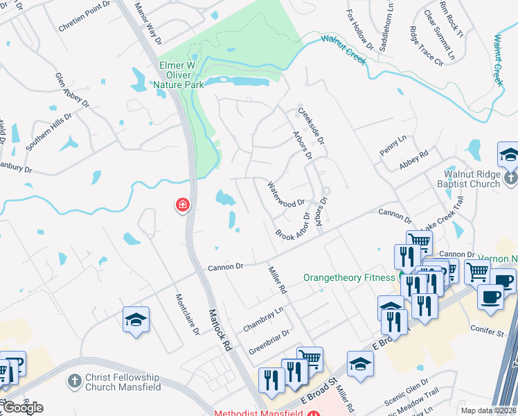 map of restaurants, bars, coffee shops, grocery stores, and more near 1018 Brook Arbor Drive in Mansfield