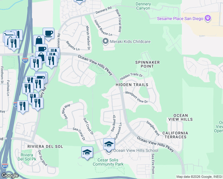map of restaurants, bars, coffee shops, grocery stores, and more near 1006 Sea Reef Drive in San Diego