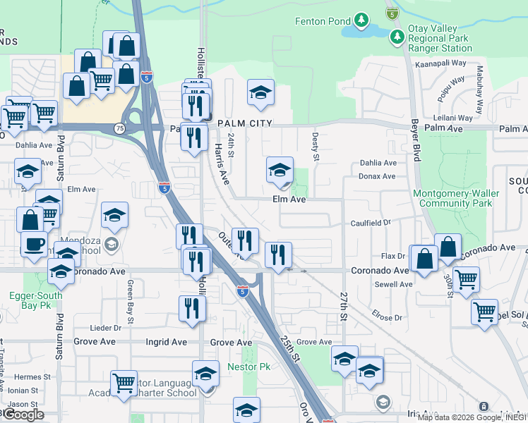 map of restaurants, bars, coffee shops, grocery stores, and more near 918 Shady Elm Place in San Diego