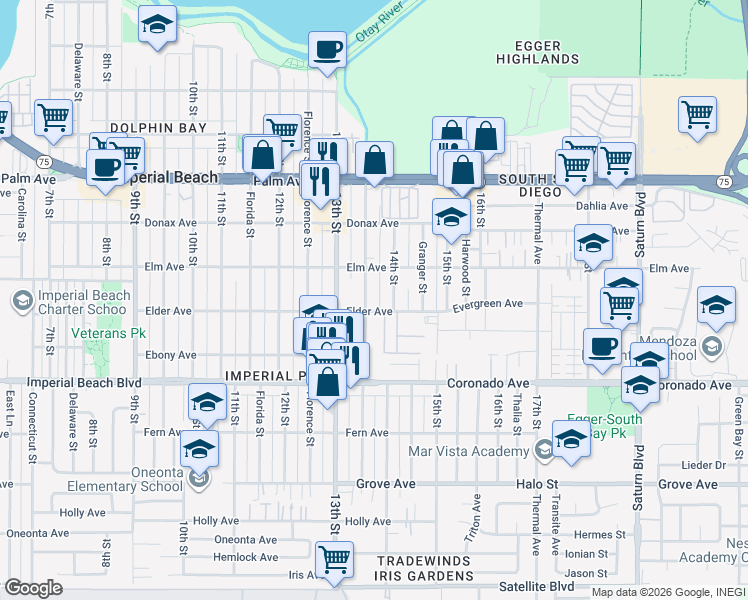 map of restaurants, bars, coffee shops, grocery stores, and more near 930 14th Street in San Diego