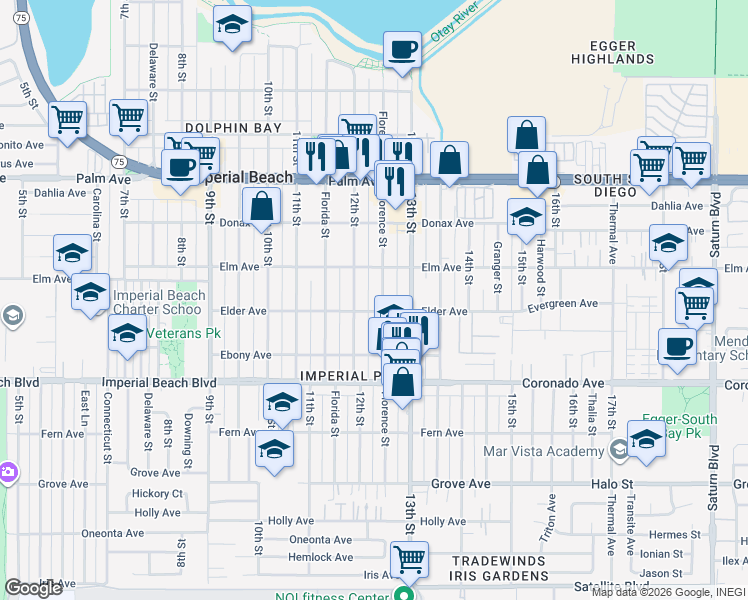 map of restaurants, bars, coffee shops, grocery stores, and more near 931 12th Street in Imperial Beach