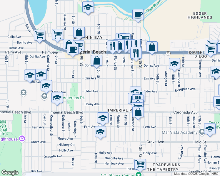 map of restaurants, bars, coffee shops, grocery stores, and more near 936 Florida Street in Imperial Beach