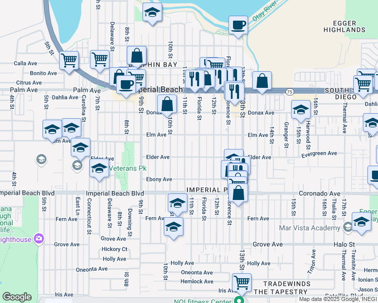 map of restaurants, bars, coffee shops, grocery stores, and more near 936 Florida Street in Imperial Beach